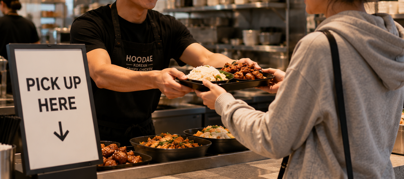 Food court counter staff handing a customer a pickup order.