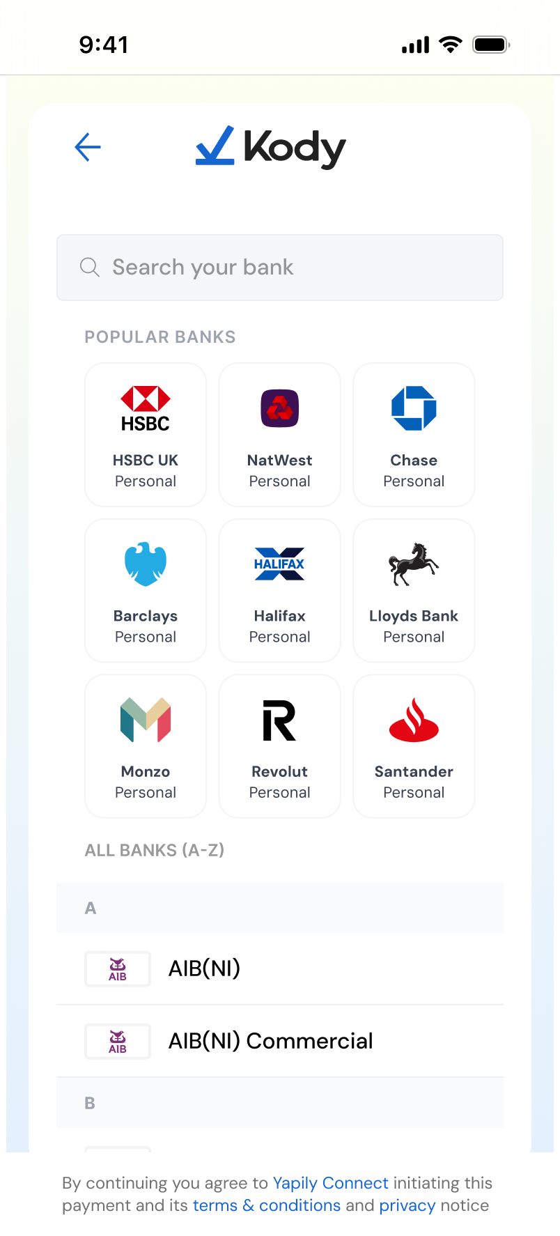 Bank selection screen