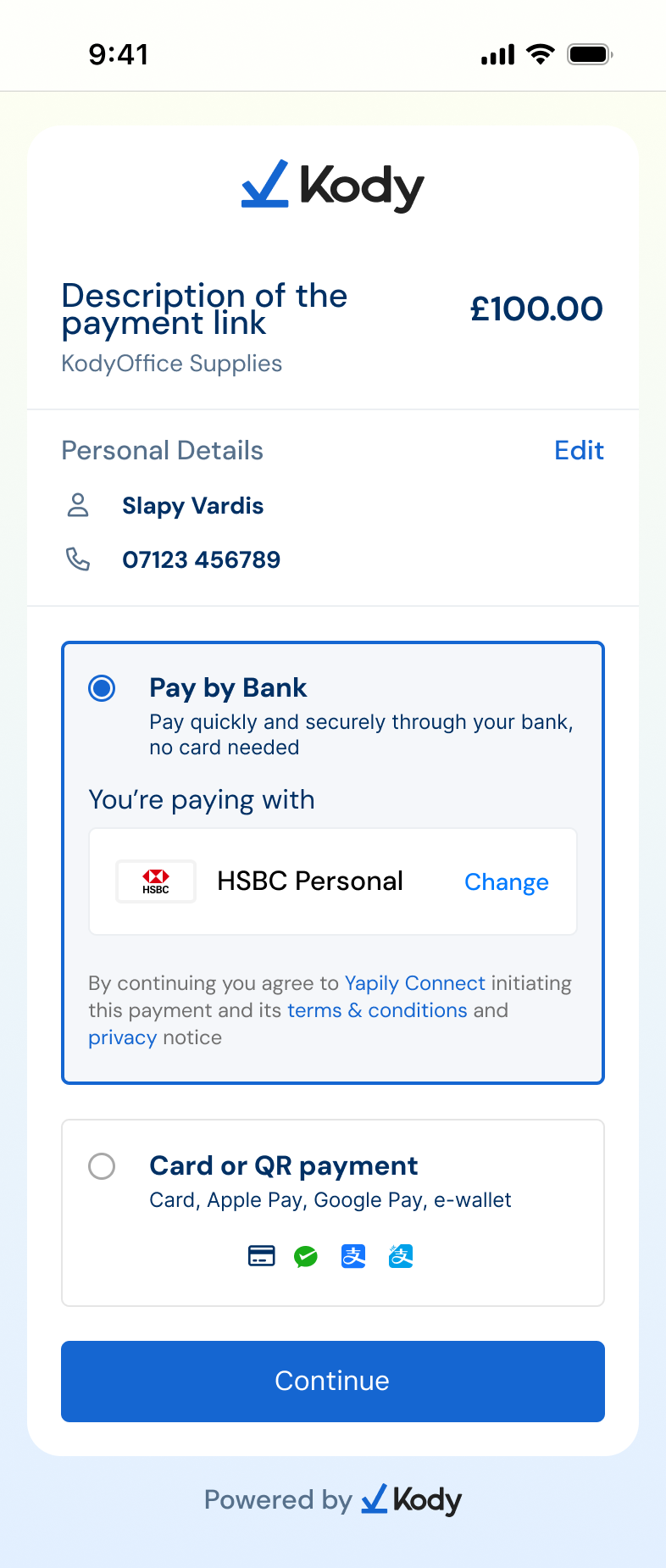 Returning payer previous bank pre-filled